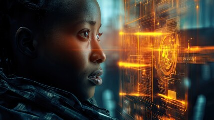 Young woman with in front of a big monitor in the middle of a modern server room. Collection and storage of large amounts of data. The bright screen reflects her dedication to data storage solutions.