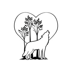 Mystical wolf silhouette designs in nature scenes with spiritual, emotional and tribal elements vector illustration