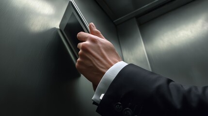 Businessman uses tablet in elevator for work or communication indoors