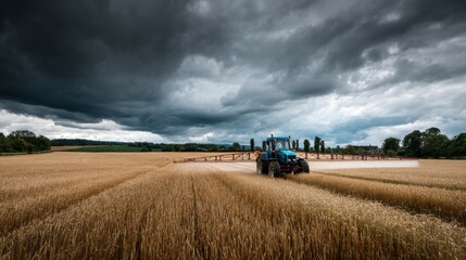 Fototapeta premium A modern blue tractor with spraying arms extended on large flat wheat field