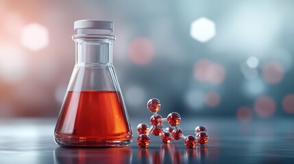 A sophisticated glass flask filled with a vibrant red liquid, accompanied by molecular structures, symbolizing scientific elegance and the beauty of exploration in chemistry.