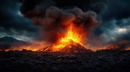 An explosive volcanic eruption spews fiery lava and dark ash clouds into the sky, embodying nature's raw power and the dramatic beauty of an erupting landscape.
