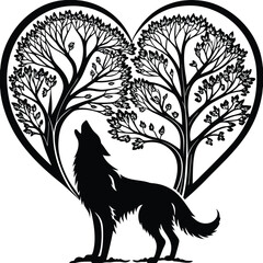 Mystical wolf silhouette designs in nature scenes with spiritual, emotional and tribal elements vector illustration