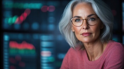 A poised businesswoman with silver hair, glasses, and a serious expression is showcased against an abstract backdrop of financial data and trends, embodying professionalism.