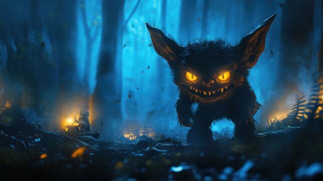 Fototapeta A menacing forest creature with glowing eyes guards the night.