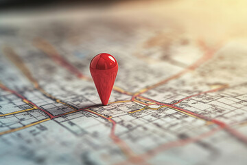 Red location pin on a detailed paper map, symbolizing navigation, travel planning, and geographic positioning