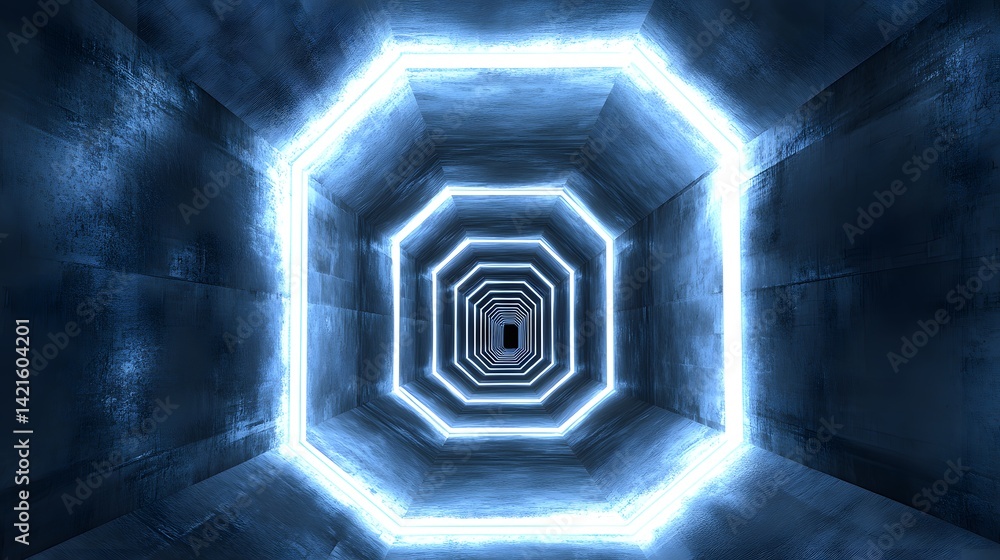 Poster intricate neon tunnel with octagonal framing.