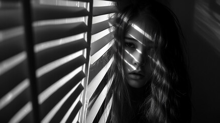 Monochrome portrait of a woman partially obscured by window blinds