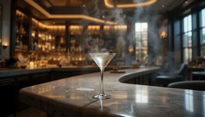 Obraz premium A clear martini in a classic glass with an olive on a pick, set on a sleek white bar counter in a dimly lit, sophisticated bar environment.