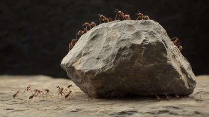 Ant colony teamwork, ants on a rock showing cooperation and strength