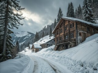 Fototapeta premium Lost in the mountains, a snow-covered ski lodge awaits discovery; winter's urban exploration.