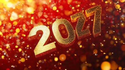Elegant 2027 New Year Celebration with Golden Glitter on Red Background