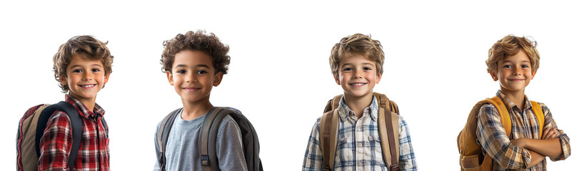 Collection of schoolboys with backpacks, smiling confidently isolated on transparent background