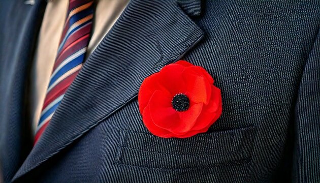 A red and black poppy flower broach badge pinned on a mans suit jacket, d-day anniversary memorial symbol