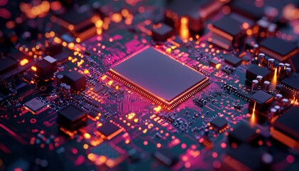 Fototapeta premium Circuit board with glowing chip (1)