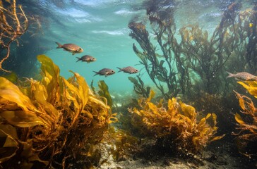 Fototapeta premium Floating seaweed ecosystem, habitat for fish and invertebrates,