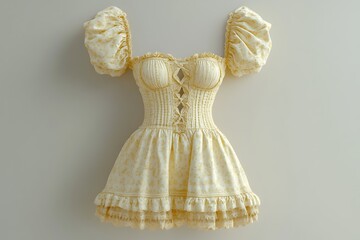 Elegant yellow mini dress display on a wall, for fashion designs, social media, and online sales