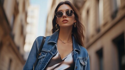 Stylish woman in jean jacket and sunglasses walking in city street