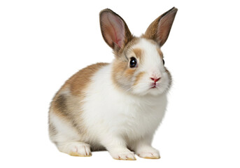 Obraz premium Adorable baby rabbit with soft fur in white and light brown, sitting upright on a white background, looking curiously ahead.