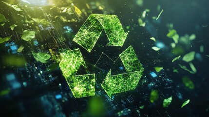 Digital Recycle Symbol Surrounded by Leaves on a Circuit Board Background