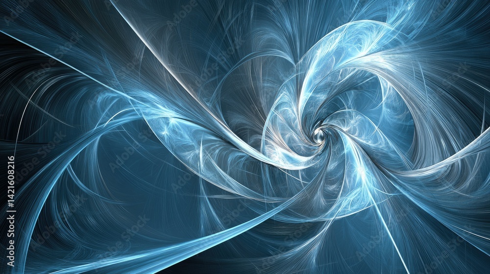 Poster abstract swirling fractal design in shades of blue and white. intricate, dynamic patterns create a s