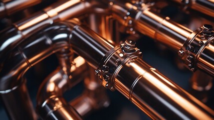 Detailed close-up of copper industrial pipes and fittings, showcasing the craftsmanship