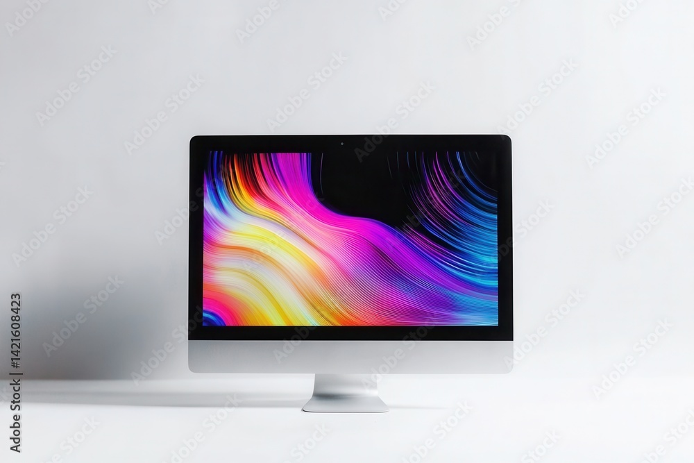Poster Vibrant abstract digital display on a modern computer screen illustrating colorful patterns and lines with a sleek keyboard in a minimalistic setting