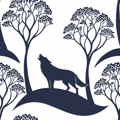 Mystical wolf silhouette designs in nature scenes with spiritual, emotional and tribal elements vector illustration