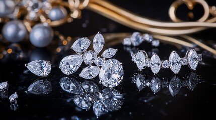 Elegant Diamond Jewelry Collection Displayed on Reflective Surface