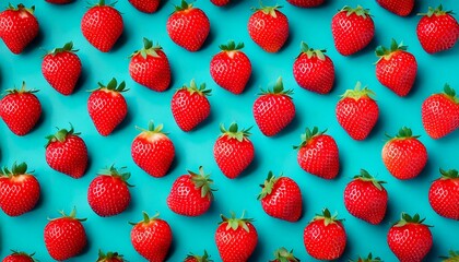 Juicy red strawberry repeat pattern on a bright turquoise blue background, colorful summer fruit wallpaper 