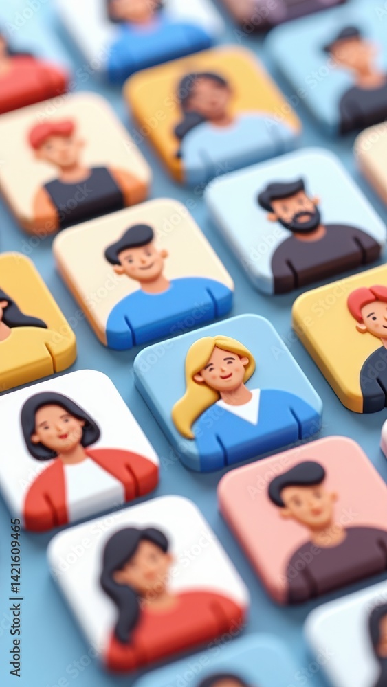 Poster a 3d icon of a video call grid with tiny faces, modern remote work communication style .