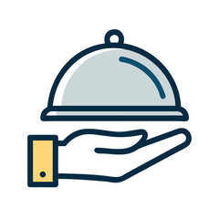 Fototapeta premium Hand with Cloche Icon Representing Hospitality Service and Fine Dining
