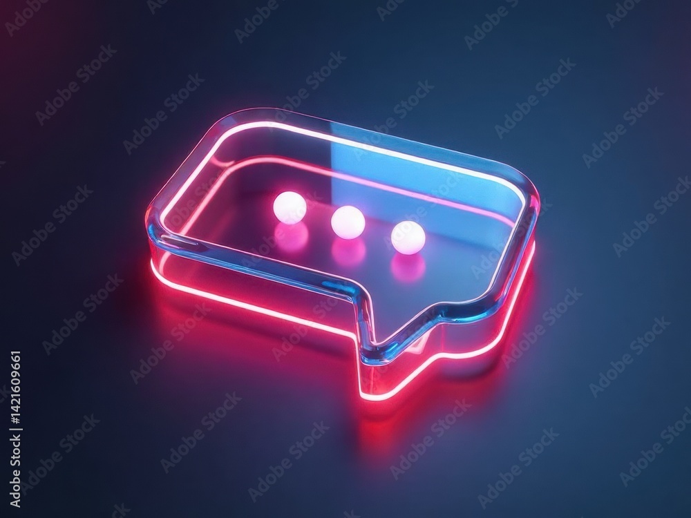 Poster a neon-lit 3d message bubble icon with a slight transparency, glowing against a dark interface, cybe