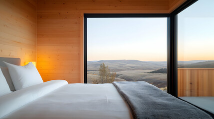 Modern Minimalist Bedroom with Panoramic Sunset View