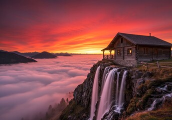 Secluded log cabin perched above a cloudscape with vibrant sunset hues