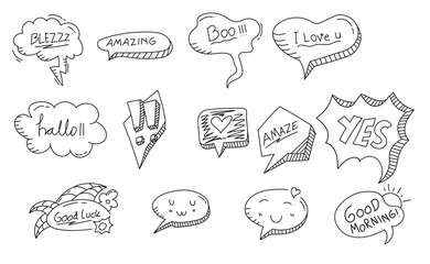 Collection of Speech Bubbles with Various Greetings and Exclamations