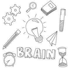 Brainstorming session illustration featuring gears, lightbulb and stationery