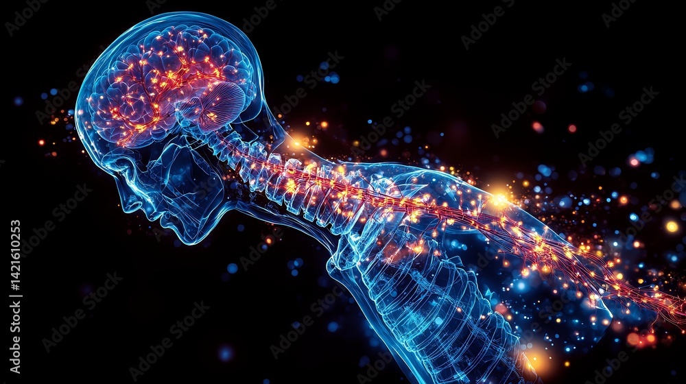 Poster human body anatomy visualization with brain activity and neural network