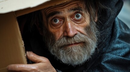 Close-up portrait of a homeless man with a cardboard box, showcasing the harsh realities of poverty and struggle