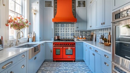 Elegant kitchen with blue cabinets, orange range, floral centerpiece, and geometric tiled floor in blue and light color