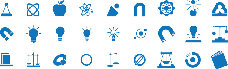 Physics Icons Set. Science, Energy, Force, Motion, Logo, Experiment, Icon. Vector Illustration