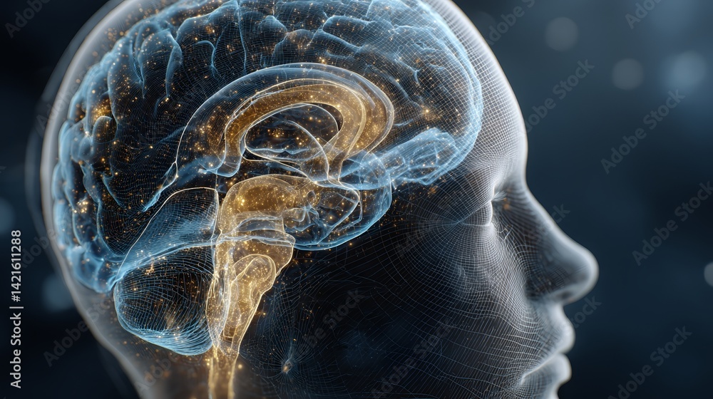 Poster human head with brain activity visualization for cognitive science research