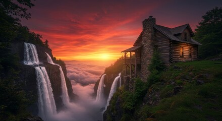 Fototapeta premium Serene log cabin nestled among waterfalls with sunset above the clouds vista