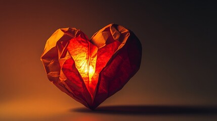 Illuminated Origami Heart Casting a Shadow, Symbolizing Love and Passion