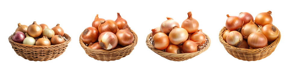 Collection of onion baskets with onions isolated on transparent background