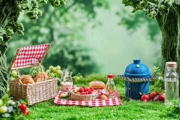 Picnic basket, food, grill, nature