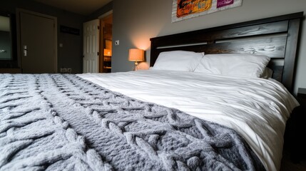 Cozy bedroom with a stylish knitted blanket