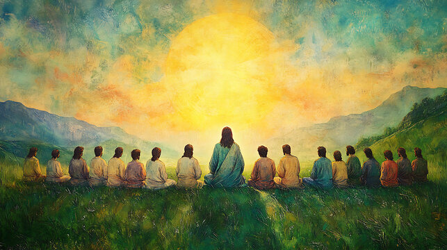Jesus in the center of a vibrant green meadow, surrounded by twelve kneeling disciples, peaceful sky overhead, golden morning light enhancing sacred mood This is a colorful 20th-century engraving,