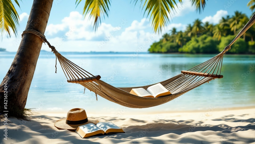 Poster the image shows a hammock tied to a tree on the beach