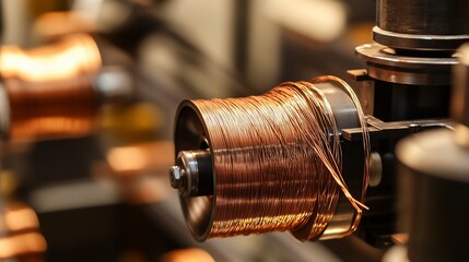 Close-up of industrial copper wire spool showcasing precision manufacturing